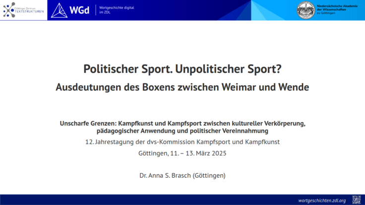 Titelfolie der Präsentation "Politischer Sport. Unpolitischer Sport? Ausdeutungen des Boxens zwischen Weimar und Wende" bei der 12. Jahrestagung der dvs-Kommission Kampfsport und Kampfkunst 