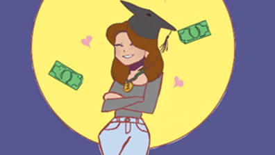 Illustration, die eine lächelnde junge Frau mit Doktorhut und Medaille zeigt, dazu Geldscheine und Herzchen